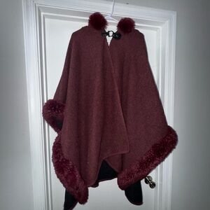Burgundy Cape with Faux Fur Trim